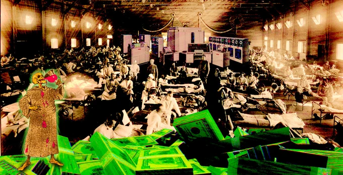 A crowded field hospital. In the foreground are massed bundles of vivid green US $100 bills; atop them stands a robed skeleton, drinking from a blood filled goblet; blood stains the skeleton's robe. In the background is a row of giant mainframes.

Image:
Flying Logos (modified)
https://commons.wikimedia.org/wiki/File:Over_$1,000,000_dollars_in_USD_$100_bill_stacks.png

CC BY-SA 4.0
https://creativecommons.org/licenses/by-sa/4.0/deed.en
