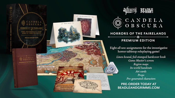 Spread of everything that comes in the Beadle and Grimms Premium Edition of Darrington Press's role playing game Candela Obscura. Includes everything to start your Candela Obscura collection. Including core rules, 8 new assignments, hands out props, and more! 