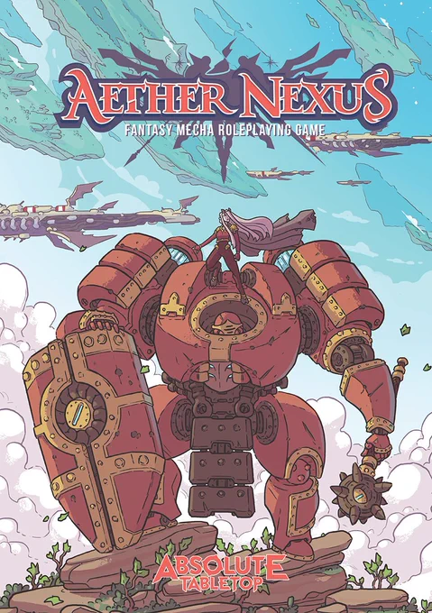The cover for Aether Nexus. A knight stands atop her Apparatus, a towering mecha wielding a mace and shield. Airships drift by in the background, along with floating sky islands.