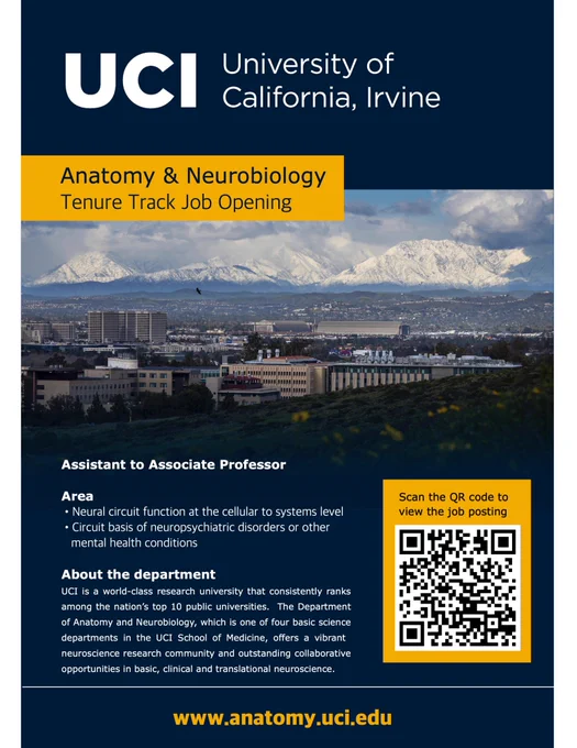 Tenure-track faculty job at UCI. Neural circuit function, systems-level neurobiology, circuit basis of neuropsychiatric disorders or other mental health conditions. 