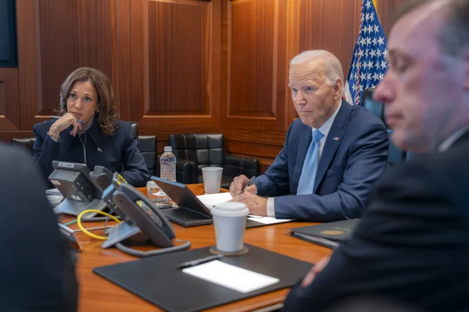 President Biden convenes a meeting with Vice President Harris and their national security team in the White House Situation Room.