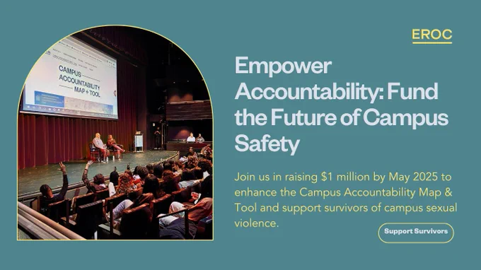 Image is of a presentation taking place in a theater with an audience. The screen displays 'Campus Accountability Map   Tool.' Text on the image reads: 'Empower Accountability: Fund the Future of Campus Safety. Join us in raising $1 million by May 2025 to enhance the Campus Accountability Map & Tool and support survivors of campus sexual violence.' The EROC logo is present.