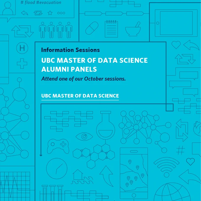 Against a light blue background in text reads UBC Master of Data Science Alumni Panels. Attend one of our October sessions