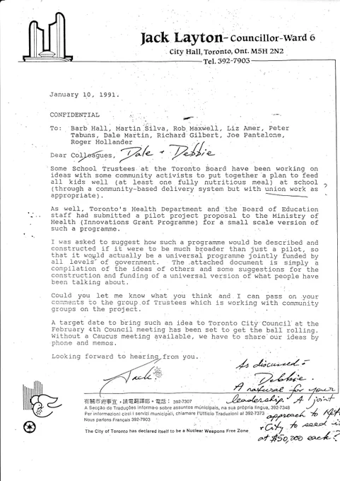 Letter from then-councillor Jack Layton to his colleagues proposing a universal student meal program in 1991.