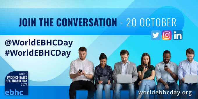 Join the conversation - 20 October @WorldEBHCDay #WorldEBHCDay social media icons for Twitter, Instagram and LinkedIn. World EBHC Day logo. 6 people sitting in a row getting active on social media on various devices. worldebhcday.org