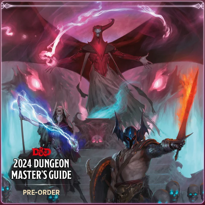 Venger and his evil cohorts Skylla and Warduke command a legion of skeletal minions.

Text on image:
2024 Dungeon Master's Guide
Pre-order
Dungeons & Dragons logo