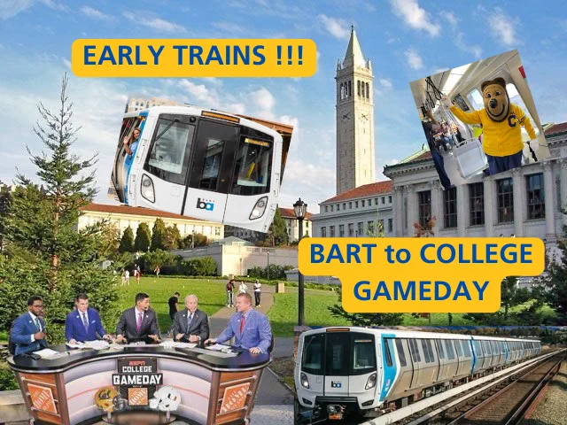 A meme showing Memorial Glade at UC Berkeley with blue text on yellow background reading EARLY TRAINS !!! BART TO COLLEGE GAMEDAY along with images of BART Trains, Cal Mascot Oski and the Gameday Panel.