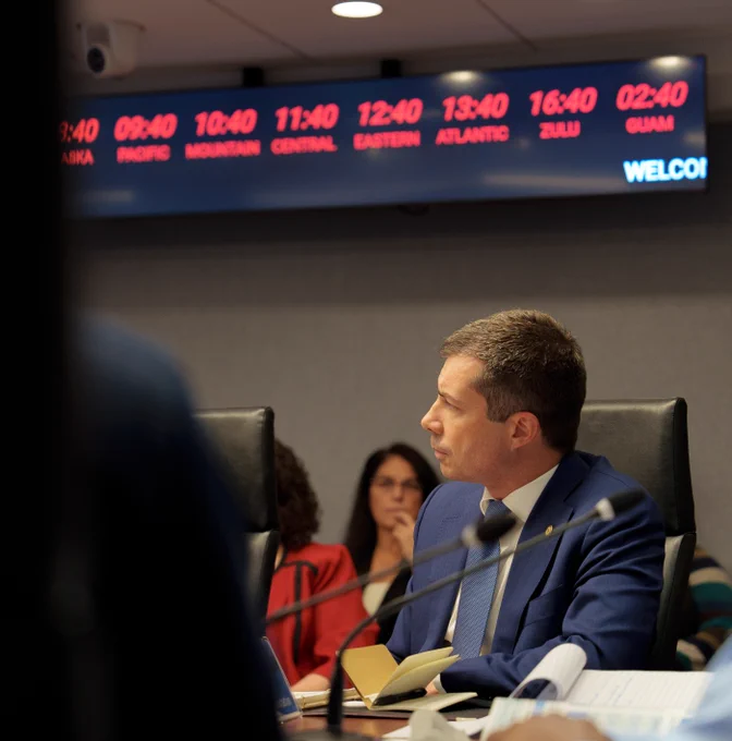 Secretary Pete Buttigieg in a meeting at FEMA HQ. 