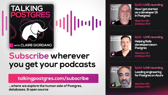 Bio pics for upcoming Talking Postgres podcast guests: Tom Lane, Andrew Atkinson, & Affan Dar