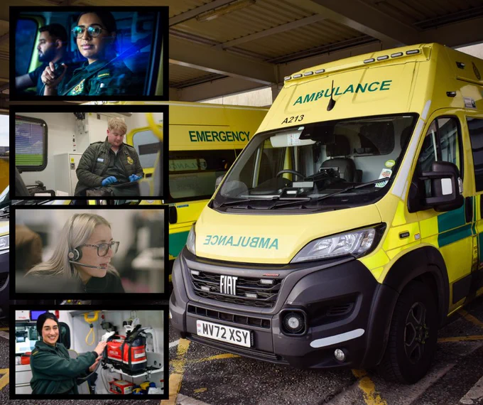 A collage of images featuring emergency vehicles and staff in action at work.