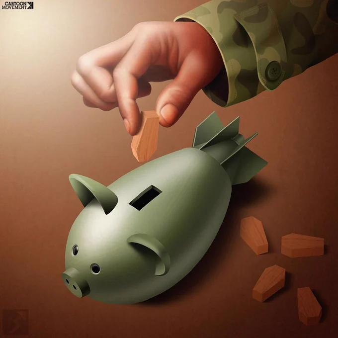   Cartoon showing a piggy bank in the shape of a missile. A hand is putting in a coffin, while more coffins are waiting next to the piggy bank.
