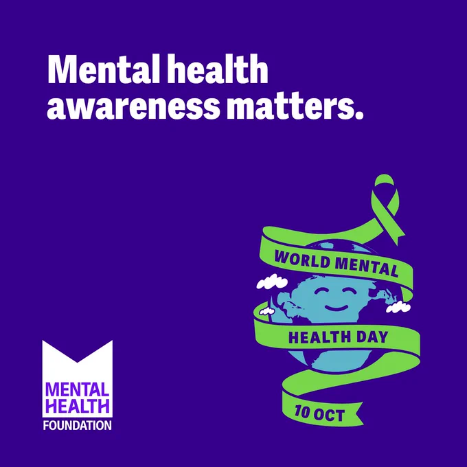 Graphic with text: "Mental health awareness matters". Below, a drawing of a smiling globe with a ribbon wrapped around it with the text "World Mental Health Day 10 Oct". The MHF logo on the bottom left. 