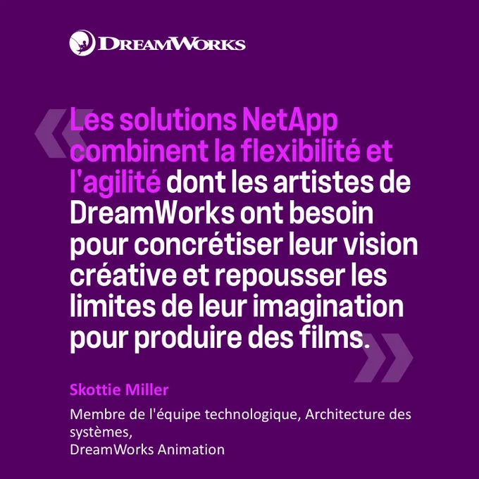 « Les solutions NetApp combinent la flexibilité et l'agilité dont les artistes de DreamWorks ont besoin pour concrétiser leur vision créative et repousser les limites de leur imagination pour produire des films »  Skottie Miller Membre de l'équipe technologique, Architecture des systèmes, DreamWorks Animation