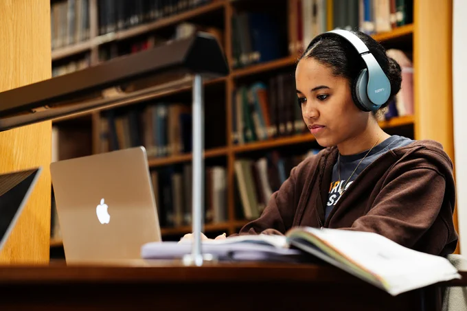 A library user working on their laptop. 
