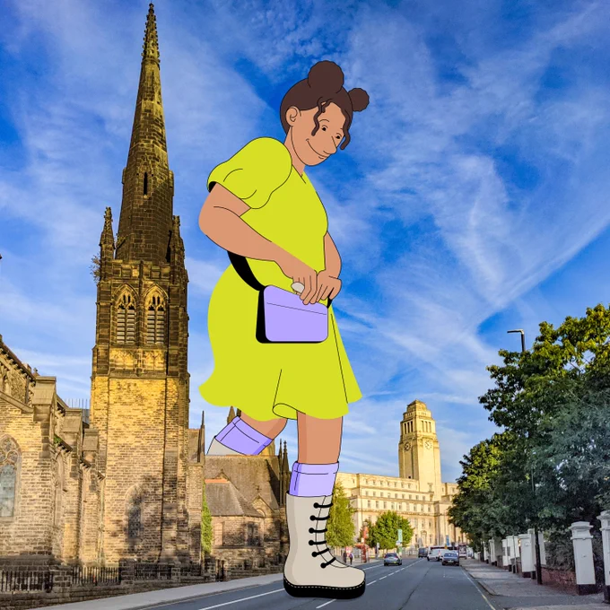 An overlay of an illustrated student striding over the Emmanual Centre with the Parkinson building in the background. It's a sunny day.