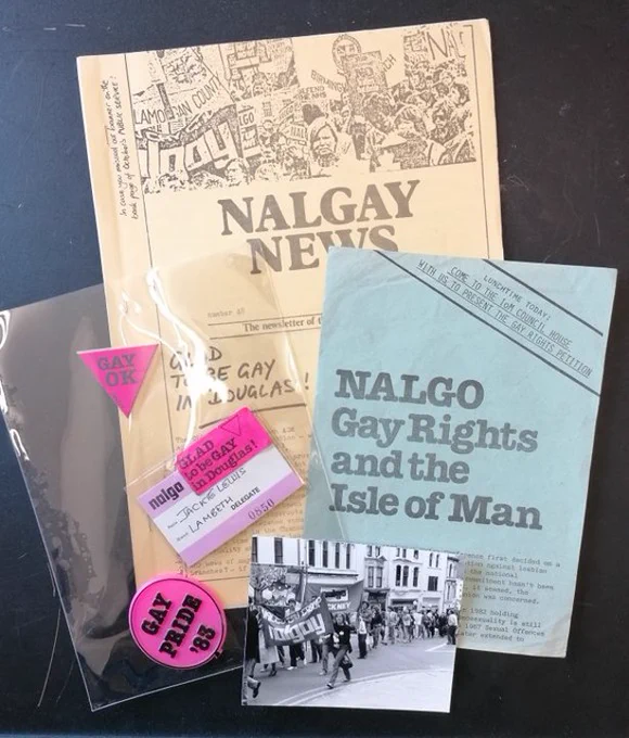 Photo of documents, photos and badges related to NALGO Gay Rights and the Isle of Man conference