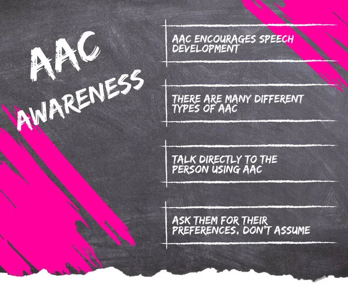AAC Awareness: AAC encourages speech development. There are many different types of AAC. Talk directly to the person using AAC. Ask them for their preferences, don't assume.