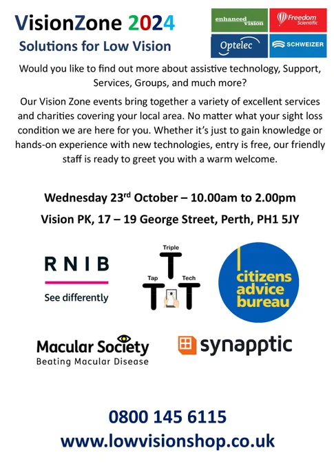 Vision Zone 2024 poster showing organisations attending including, RNIB, CAB, Macular Society, Synapptic and Triple Tap Tech. 