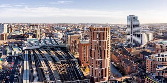 Photograph of Leeds City Centre taken from the sky.