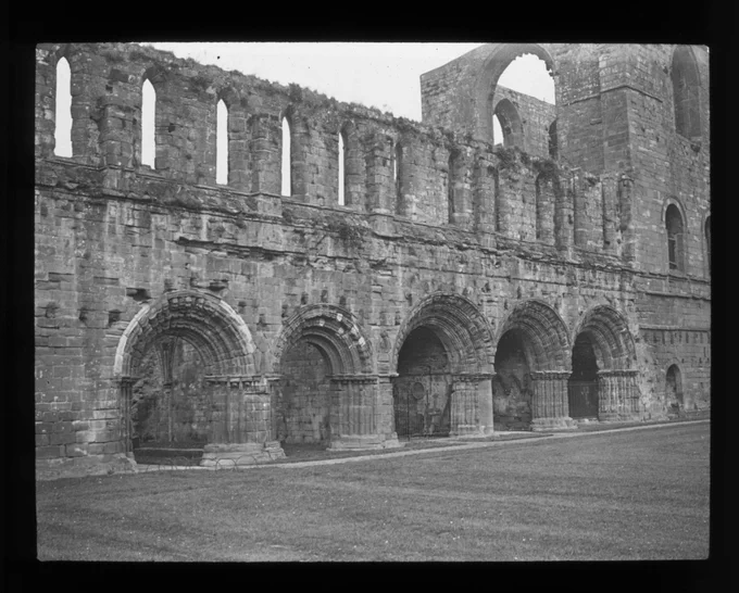 Lantern slide of the cloisters at Furness Abbey circa 1920s