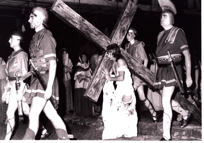Peter Duncan as Jesus in the 1988 Mystery Plays at Furness Abbey. Carrying the cross
