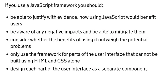 Useful information from gov.uk on factors to consider when using a JavaScript framework