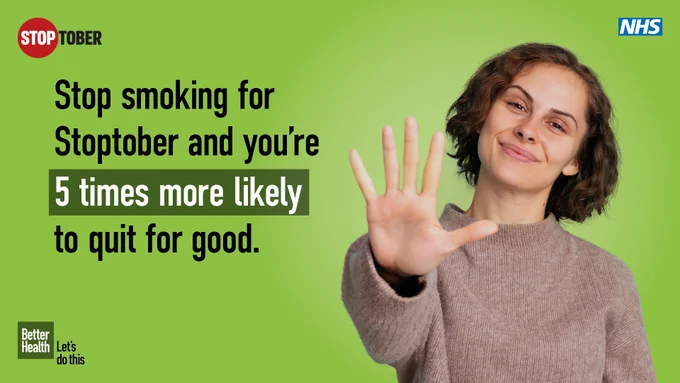 Promotional image for NHS Stoptober campaign featuring a smiling person holding up five fingers with the text: "Stop smoking for Stoptober and you're 5 times more likely to quit for good.