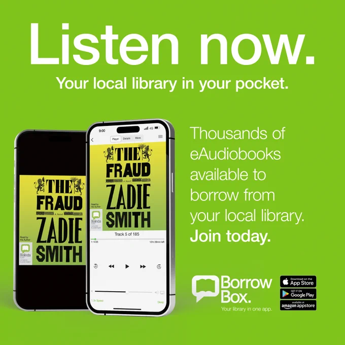 Mobile phone playing eaudiobook of The Fraud by Zadie Smith
Listen now. Your local library in your pocket.