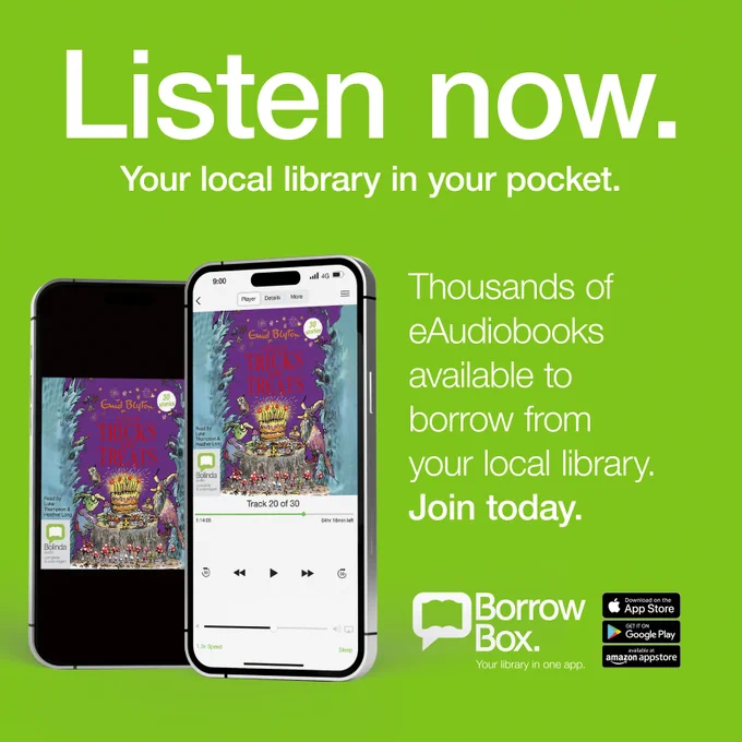 Mobile phone playing eaudiobook of Tales of Tricks and Treats by Enid Blyton.
Listen now. Your local library in your pocket.