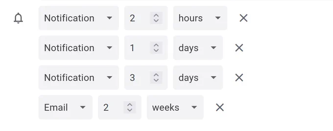 An image of the reminder settings, where I've elected to be reminded 2 hours, 1 day, 3 days and 2 weeks in advance of the event