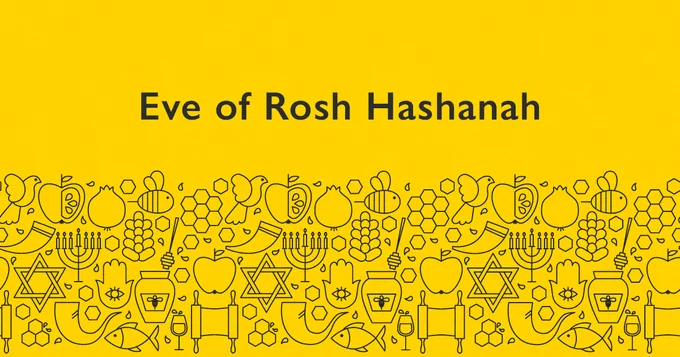 Graphic illustration for Eve of Rosh Hashanah featuring a variety of symbols, including apples, honey, fish, candles, and a shofar on a yellow background.