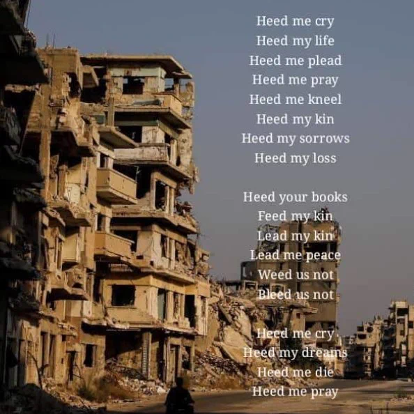 Poetry typed over a background of buildings which collapsed due to war.