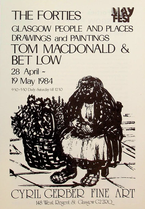 Black ink drawing of a seated older woman wearing a heavy coat and long skirt and with her hands clasped in front of her. A large wicker basket beside her holds a variety of flowers. This drawing titled, Old Flower Seller, Sauchiehall Street, was owned by Head of Drawing and Painting at Glasgow School of Art, Jack Knox.
