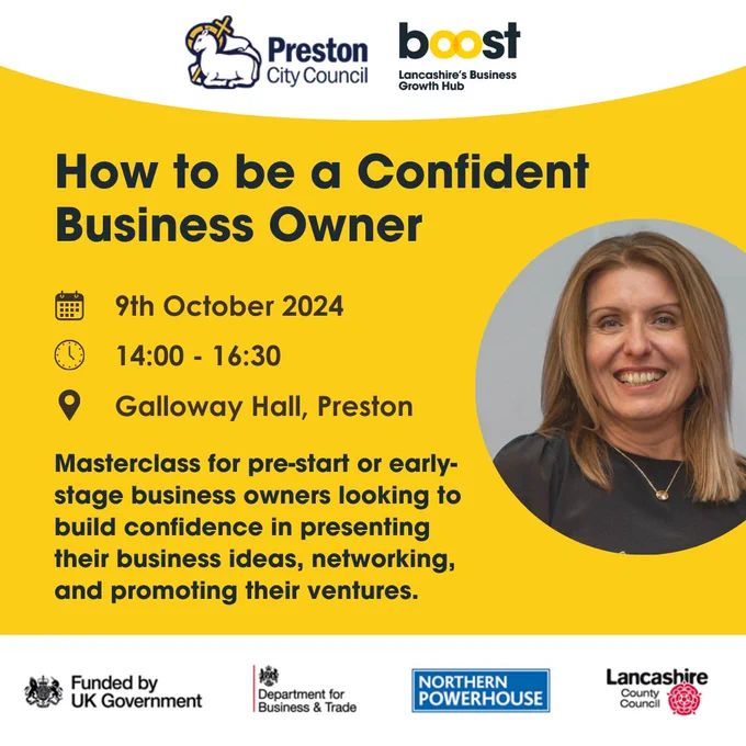 🏵 Entrepreneurs and start up businesses - two great opportunities are available on 9th October through Boost; Lancashire's Business Growth Hub - click the tiles or links below for details!

✅Preston from 2pm - 4:30pm: How to Be A Confident Business Owner: https://www.boostbusinesslancashire.co.uk/events/boost-flying-start-the-confident-business-owner

#useboost #entrepreneur #startup #newbusiness #helpinglancashirebusinessesgrow #pendle #preston