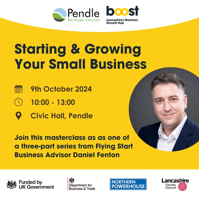 🏵 Entrepreneurs and start up businesses - two great opportunities are available on 9th October through Boost; Lancashire's Business Growth Hub - click the tiles or links below for details!

✅Pendle from 10am - 1pm: Starting & Growing Your Small Business: https://www.boostbusinesslancashire.co.uk/events/boost-flying-start-masterclass-starting-and-growing-your-small-business

#useboost #entrepreneur #startup #newbusiness #helpinglancashirebusinessesgrow #pendle #preston
