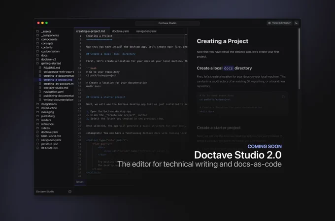 A screenshot of Doctave Studio 2.0: Doctave's upcoming editor for technical writing and docs-as-code.