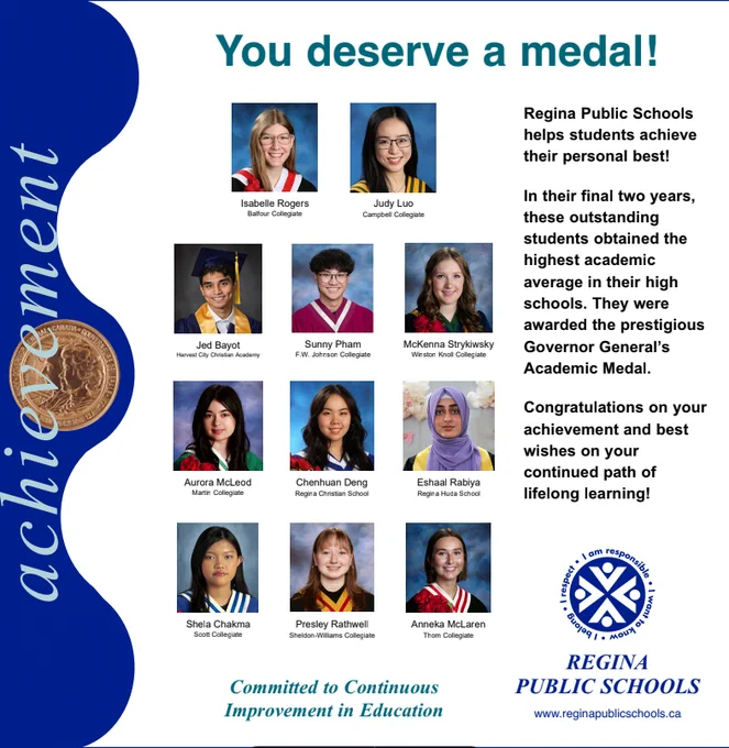 Pictures and names of the 11 Regina Public Schools Governor General's Award Academic Medal winners. PDF of this image is available at https://drive.google.com/file/d/1DN4ARl0enXSFY5fkrKrBH7a6Kglnu1sF/view
