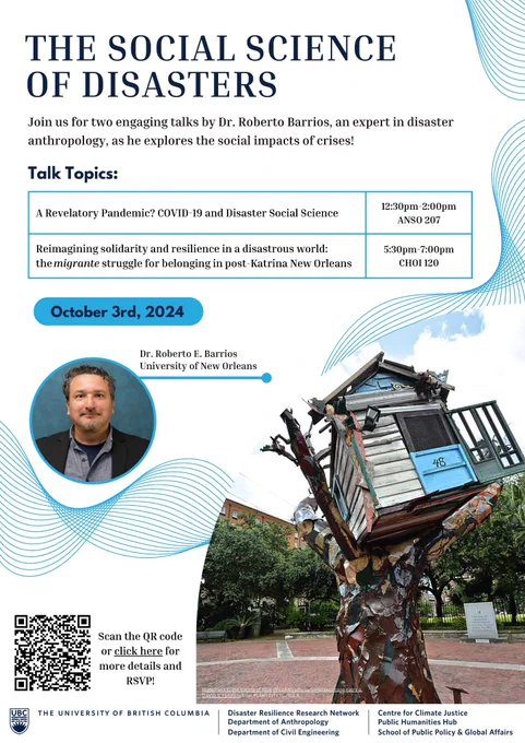 A small timber-sided house sculpture with loose boards, a patched gable and debris perches precariously between branches on a tree trunk, artwork entitled "Monument to the people of NEW ORLEANS who survived Hurricane Katrina" by David S. Ferry III from Plant City, Florida, USA. This image is beside details of Dr. Roberto Barrios' talks on the social science of disasters: "A Revelatory Pandemic? COVID-19 and Disaster Social Science" and "Reimagining solidarity and resilience in a disaster world: the migrante struggle for belonging in post-Katrina New Orleans". Full details are at the tweeted link.