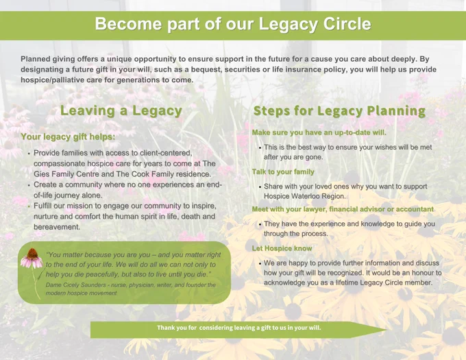 A brochure discussing reasons for leaving a legacy, and steps for legacy planning. More details at hospicewaterloo.ca.