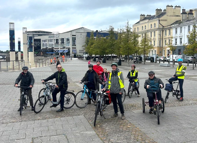 Photo of members of Scope community group in ride to Cardiff Bay with Pedal Power
