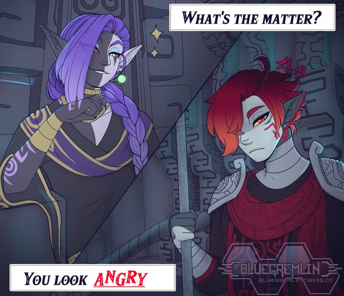 Image depicts two men; the one on the left looking smug, taunting. And the one on the right looking angry. One has long purple hair, while the other has short red hair. They are in the palace throneroom.
