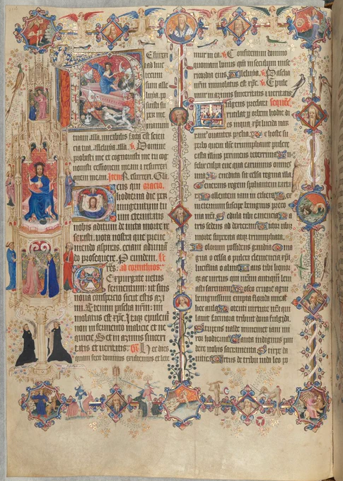The page for Easter from the Sherborne Missal, featuring lavishly-illuminated borders in colours and gold. 