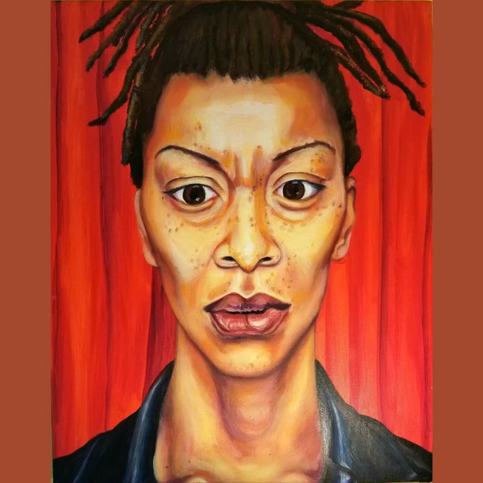 Painting of a Black woman against red background. 