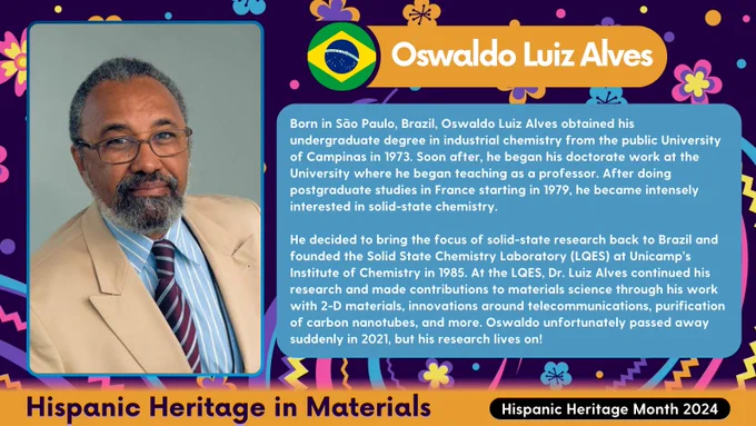 A dark blue graphic with colorful florals highlighting Oswaldo Luiz Alves. On the left is a portrait of Oswaldo. On the right is a title of his name along with text reading:

Born in São Paulo, Brazil, Oswaldo Luiz Alves obtained his undergraduate degree in industrial chemistry from the public University of Campinas in 1973. Soon after, he began his doctorate work at the University where he began teaching as a professor. After doing postgraduate studies in France starting in 1979, he became intensely interested in solid-state chemistry.

He decided to bring the focus of solid-state research back to Brazil and founded the Solid State Chemistry Laboratory (LQES) at Unicamp’s Institute of Chemistry in 1985. At the LQES, Dr. Luiz Alves continued his research and made contributions to materials science through his work with 2-D materials, innovations around telecommunications, purification of carbon nanotubes, and more. Oswaldo unfortunately passed away suddenly in 2021.