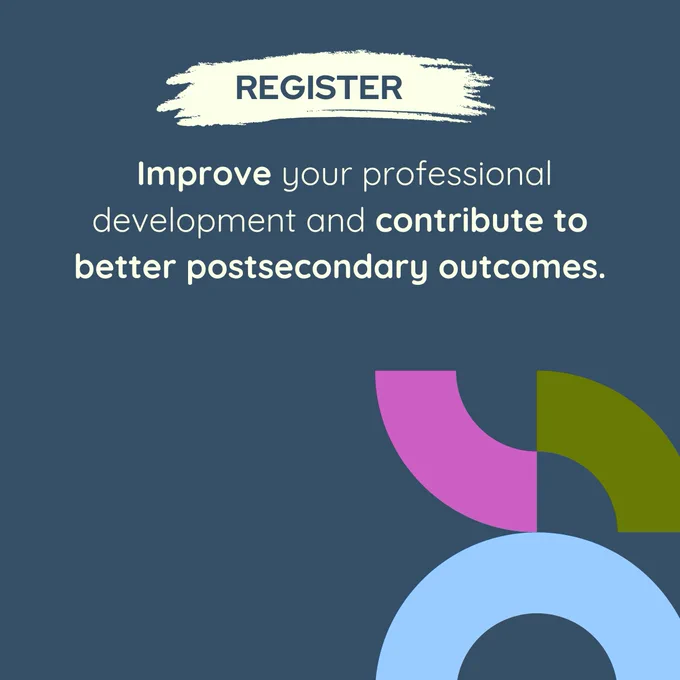 Slide 4 concludes with: “Improve your professional development and contribute to better postsecondary outcomes. REGISTER.” Circular design elements are present along the edges.