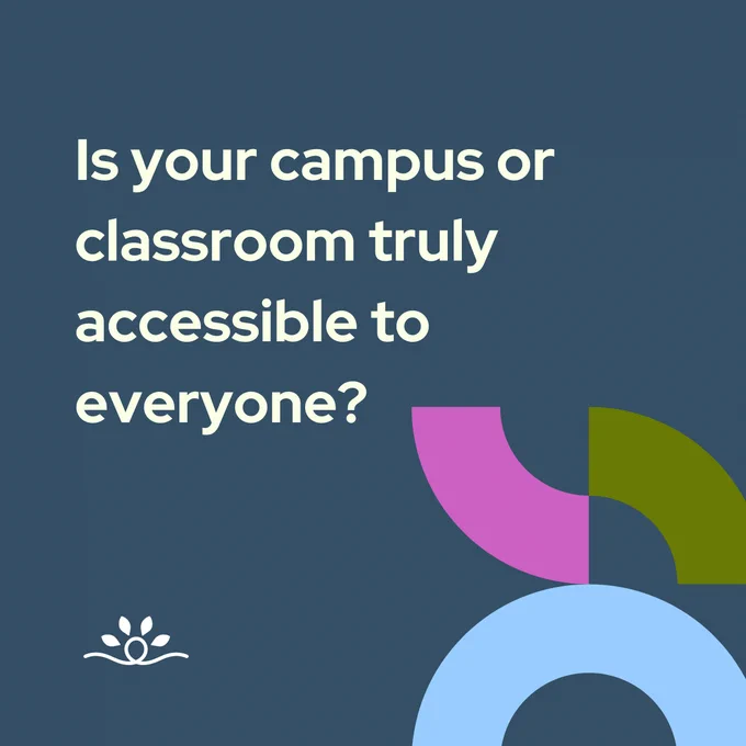 The overall color scheme includes a predominantly dark blue background with circular and half-circle design elements throughout the presentation. 

Slide 1 reads: “Is your campus or classroom truly accessible to everyone?” Circular design elements frame the slide along with the National Disability Center’s graphic logo, a stylized white looped line with leaves above it, in the bottom left corner. 