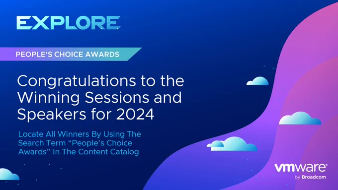 Promotional graphic for VMware People's Choice Awards congratulating the winning sessions and speakers for VMware Explore 2024 Barcelona, with a colorful abstract background.
