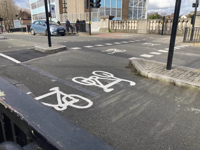 Picture of the cycle lane outside Boston Manor Station in Hanwell.