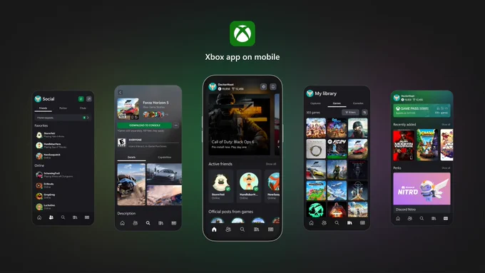 5 screens from the Xbox mobile app are featured on a dark background. From left to right:
1. A screen showcasing the Social tab with friend requests, favorites, and online friends.
2. A download screen for Forza Horizon 5 with a green "Download to Console" button.
3. A screen for user "DoctorHoot" with Call of Duty: Black Ops 6, active friends, and a section called "Official posts from games". 
4. A screen showcasing the Games tab under "My library" featuring some games. There is text stating "503 games" and sort & filter buttons.
5. A Xbox Game Pass screen for user "DoctorHoot" featuring information for their Game Pass Ultimate subscription. It shows recently added games and their Perks.

There is a Xbox mobile app icon at the top center with text "Xbox app on mobile" under it.