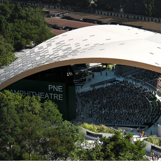 Rendering of the new PNE Amphitheatre showing sloping large white roof with people and seating underneath. 